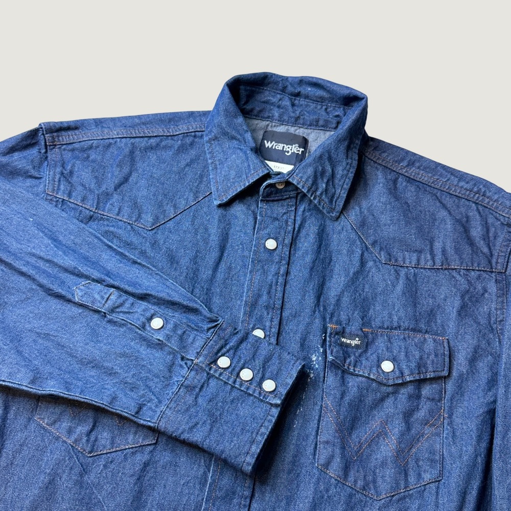 Wrangler Shirt Mens 17x33 70127MW Blue Western Pearl Snap Denim Cotton Good
